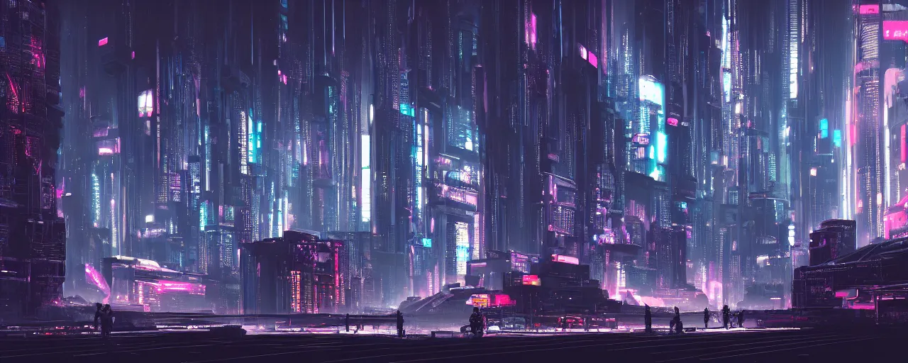 Image similar to A cyberpunk setting, by Tokujin Yoshioka, landscape, dramatic lighting, high contrast colors, panoramic view, as trending on Artstation, highly detailed,