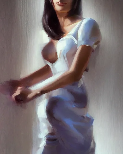 Prompt: a fine art painting of an elegant sly smiling woman by richard s. johnson, instagram, deviantart, figurative art, fine art, oil on canvas