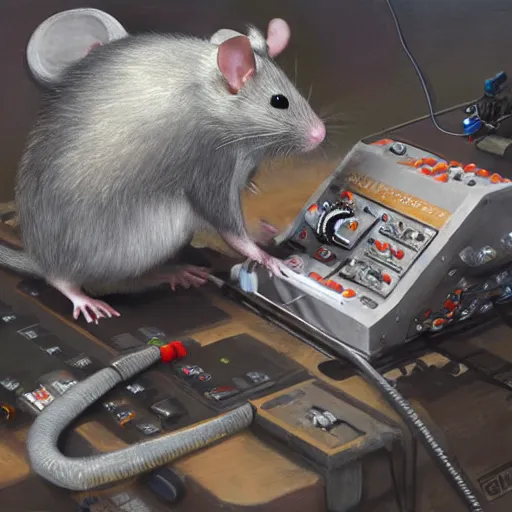 Image similar to a rat cyborg playing with a tb-303 synthesizer, by ruan jia