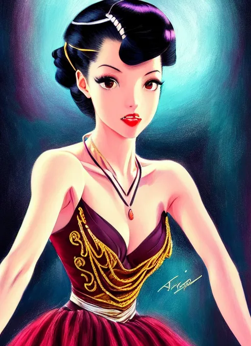 Image similar to a beautiful dancer with black hair in 1940's fashion, ballroom background, intricate, highly detailed, digital painting, artstation, official media, anime key visual, concept art, rich vivid colors, ambient lighting, sharp focus, illustration, art by Artgerm, Makoto Shinkai, Ilya Kuvshinov, Lois Van Baarle, and Rossdraws