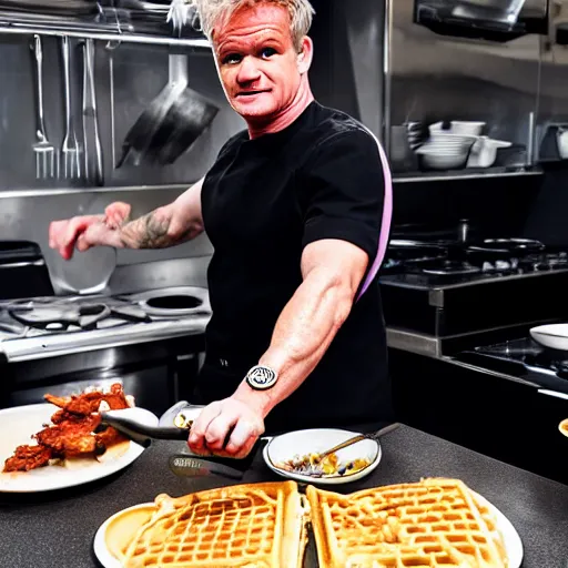 Image similar to Gordon Ramsey cooking a unicorn in a intricate wafflehouse kitchen 4k