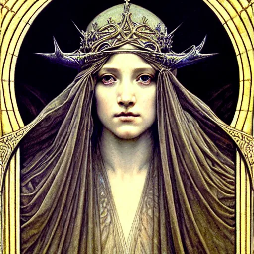 Image similar to detailed realistic beautiful young medieval queen face portrait by jean delville, gustave dore and marco mazzoni, art nouveau, symbolist, visionary, gothic, pre - raphaelite. horizontal symmetry