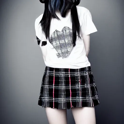 Prompt: female model teenage goth photography plaid mini skirt band shirt beautiful face, dramatic light darkroom