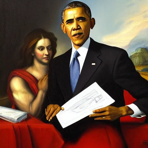 Prompt: A painting of Obama holding an important document, by Michaelangelo