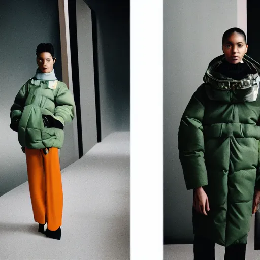 Image similar to realistic photoshooting for a new acne studio lookbook, color film photography, close up, model is wearing a puffer jacket, photo of a woman, photo in style of tyler mitchell, 3 5 mm, vetements, balenciaga, commes des garcon