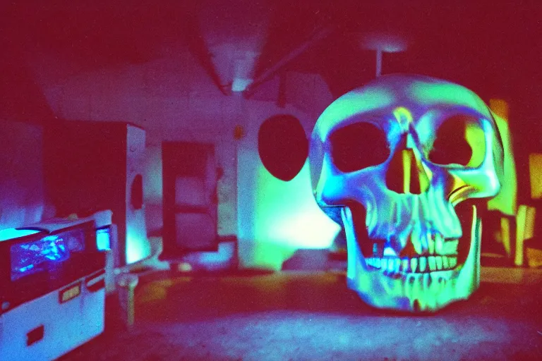 Prompt: giant screaming metallic skull inside of a 1970s videogame arcade, neon lights, dirty, ektachrome photograph, volumetric lighting, f8 aperture, cinematic Eastman 5384 film