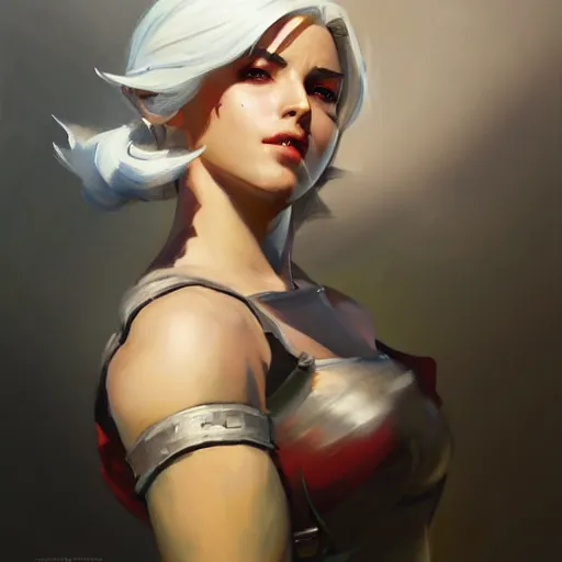 Image similar to Greg Manchess portrait painting of Ciri as Overwatch character, medium shot, asymmetrical, profile picture, Organic Painting, sunny day, Matte Painting, bold shapes, hard edges, street art, trending on artstation, by Huang Guangjian and Gil Elvgren and Sachin Teng