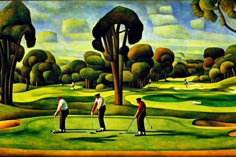 Image similar to Three golfers on a beautiful golf course, by Diego Rivera