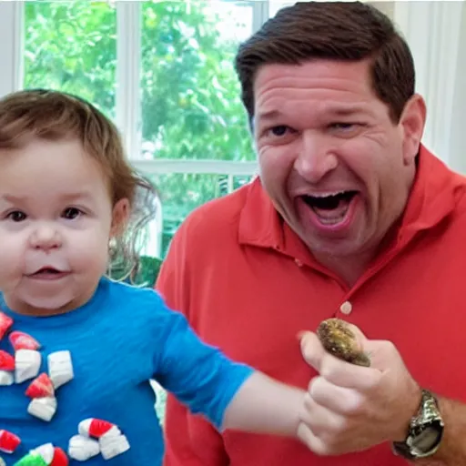 Image similar to ron desantis taking candy from babies and laughing maniacally about it, very realistic