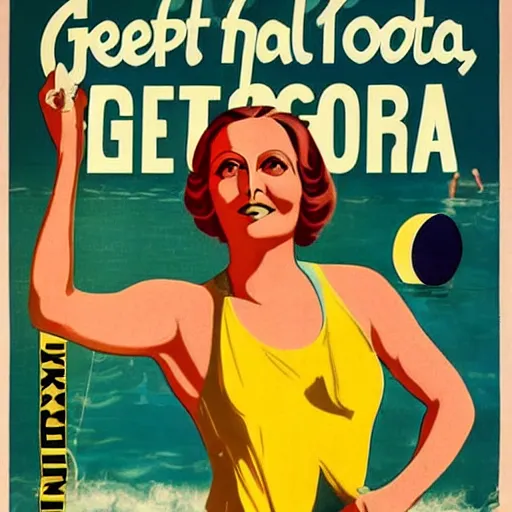 Image similar to a 1 9 2 8 colorful poster. happy, healthy, beautiful, smiling, sporty, glowing greta garbo in decent swim wear.