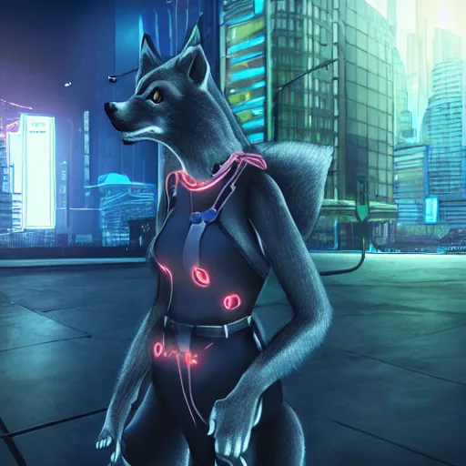 Prompt: anthropomorphic female wolf fursona wearing a tech harness in a cyberpunk city, photo realistic, ambient lighting