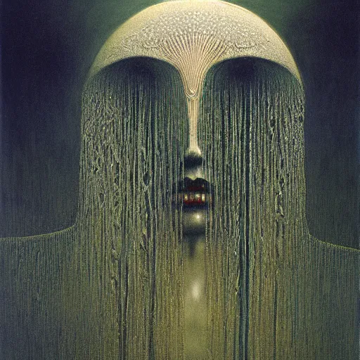 Image similar to the queen of the sun by zdzislaw beksinski and h. r. giger, oil on canvas