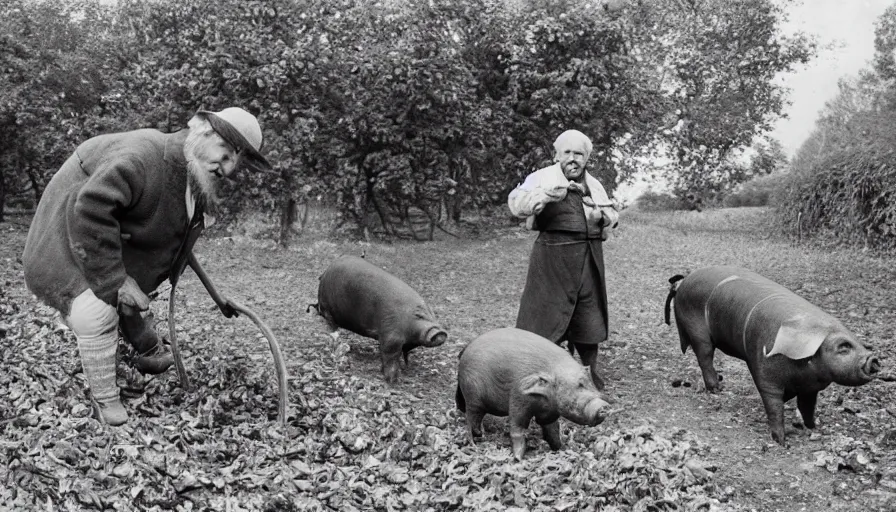 Prompt: An old english man next to a pig collects truffles from the ground, the ground is covered in leaves, black and white photograph