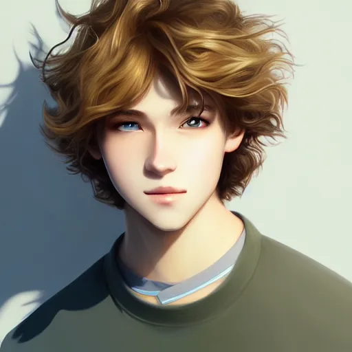 Prompt: young man with medium - length, curly, golden hair, perfectly proportioned face, aquamarine eyes, natural lighting, path traced, highly detailed, high quality, cartoon, digital painting, by new haicheng and studio ghibli