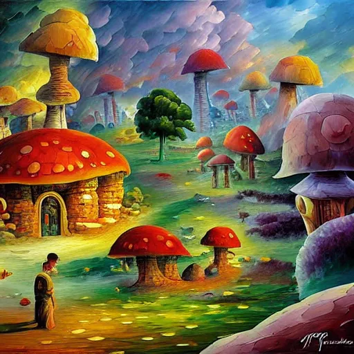 Image similar to mushroom village, art by james christensen, rob gonsalves, paul lehr, leonid afremov and tim white