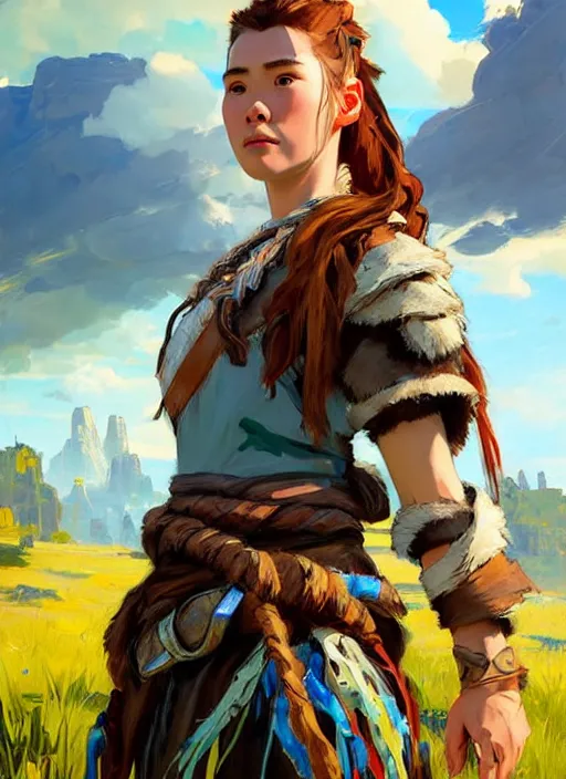 Prompt: portrait of Aloy from Horizon Zero Dawn in the style of League of Legends practicing, countryside, calm, fantasy character portrait, dynamic pose, above view, sunny day, thunder clouds in the sky, artwork by Jeremy Lipkin and Giuseppe Dangelico Pino and Michael Garmash and Rob Rey and Jean Giraud, very coherent asymmetrical artwork, sharp edges, perfect face, simple form, 100mm