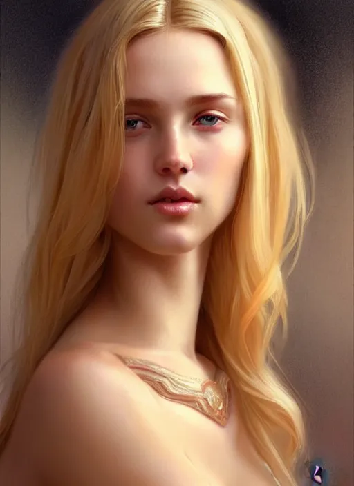 Prompt: perfect feminine face!! portrait of young wife blessed by god with ever - increasing physical mental perfection, blonde, symmetrical! intricate, sensual features, highly detailed, biblical divine holy!! digital painting, artstation, concept art, smooth, sharp focus, illustration, art by artgerm and greg rutkowski and alphonse mucha