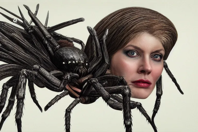 Image similar to A photorealistic portrait painting of a hideous woman with giant spider legs and hair needles crawling out of a volcano, illustration, detailed, award-winning, trending on artstation, 4k by H.R. Giger -1024