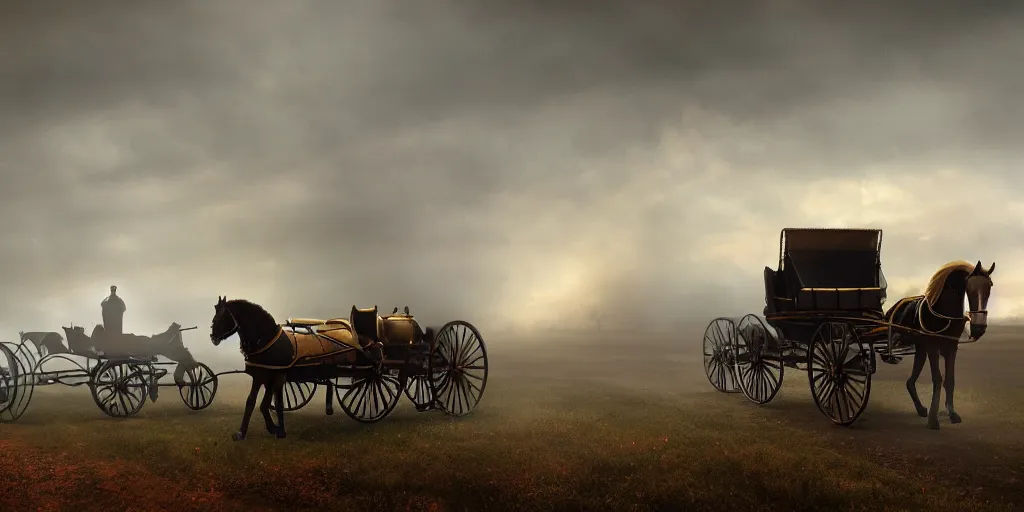 Image similar to Horse and carriage, August 9th 1875, fog, rain, volumetric lighting, beautiful, golden hour, sharp focus, highly detailed, cgsociety