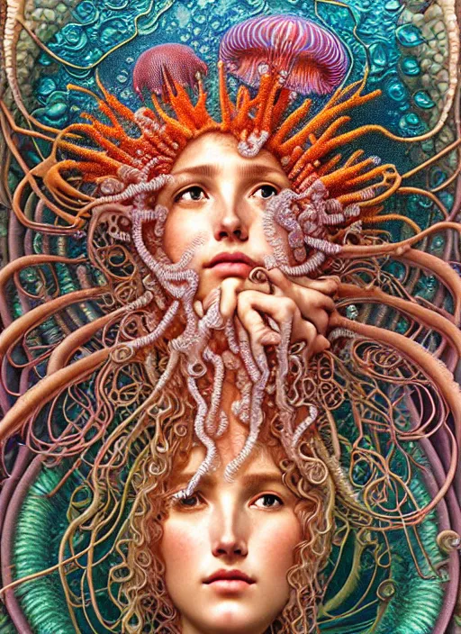 Image similar to hyperrealistic detailed underwater face portrait of the beautiful goddess of the jellyfish with an intricate headgear of corals, sea kelp, sea plants, fish, starfish, jellyfish, art by ernst haeckel, john william godward, android jones, alphonso mucha, gothic - cyberpunk, ornamental, beautiful deep colours,