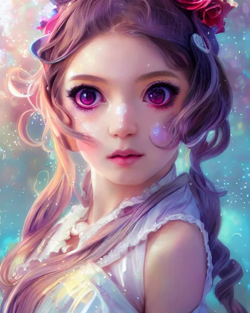 Image similar to portrait of magical lolita girl, dreamy and ethereal, expressive pose, big gold eyes, exciting expression, fantasy, intricate, elegant, many rainbow bubbles, rose tones, highly detailed, anime, artstation, concept art, cyberpunk wearing, smooth, sharp focus, illustration, art by artgerm and greg rutkowskiand alphonse mucha