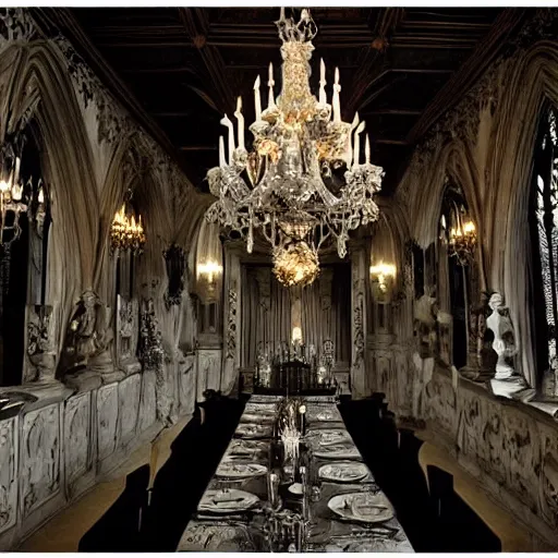 Prompt: gothic hall with large chandeliers under the ceiling, horror style