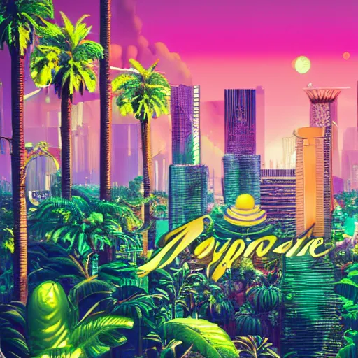 Prompt: golden city in vaporwave jungle