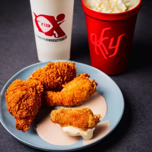 Prompt: a fried chicken milkshake with the kfc logo next to a shrimp wearing a little red dress on a plate, food photography, studio lighting, hyper realistic, sharp focus, hyper - realistic, 8 k resolution