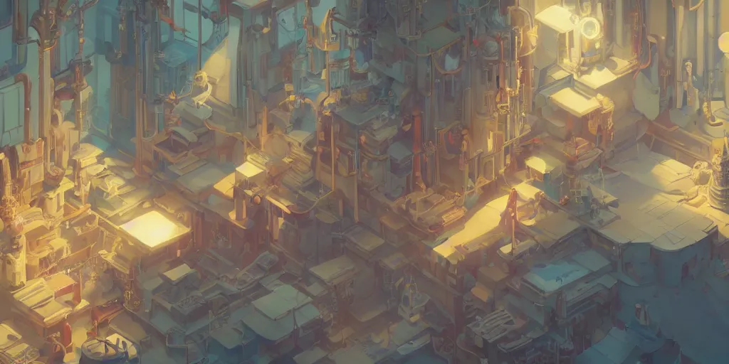 Image similar to god's workshop, detailed, potions, scrolls, arcane books, different organs of the human body, mechanisms for building bionic robots, james gilleard, atey ghailan, makoto shinkai, goro fujita, studio ghibli, rim light, exquisite lighting, clear focus, very consistent, plain background, soft painting