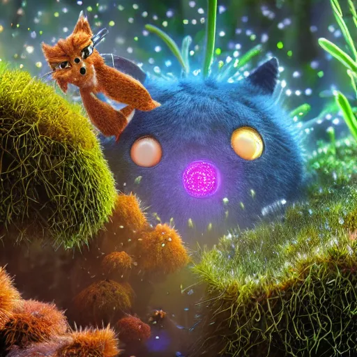 Image similar to tiny fur tower, vegetation, expressive eyes, floating, rbc, radiolaria, protophyta, micro - organisms, center frame, symmetric, rim light, marine microbiology, bioluminescence, electric, fur, soft, concept art, intricate details, highly detailed, colorful, photorealistic, disney pixar, octane render, iridescent, anime, 8 k