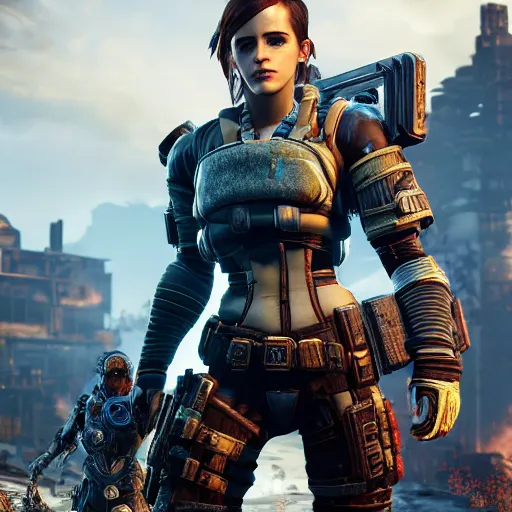 Image similar to emma watson in gears of war, destiny 2, witcher 3, god of war, warframe, cyberpunk 2 0 7 7, overwatch, fortnite, highly detailed, extremely high quality, hd, 4 k, professional photographer, 4 0 mp, lifelike, top - rated, award winning, realistic, detailed lighting, detailed shadows, sharp, edited, corrected, trending