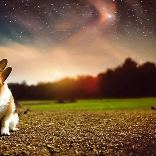 Image similar to corgi attaining [ angelic wings ]!!, [ flying like a superhero ]!! in the [ night sky ]!! where the stars are visibly perceptible, [ realistic photo ]!!, [ 4 k photorealism ]!!, trending on unsplash