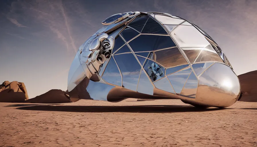 Prompt: professional photograph of a inflatable chrome gondola with very futuristic windows designed by Buckminster Fuller in a picturesque desert on Jupiter. Astronauts are standing near it, racking focus, depth of field, extreme panoramic, Dynamic Range, HDR, chromatic aberration, Orton effect intricate, elegant, highly detailed, artstation