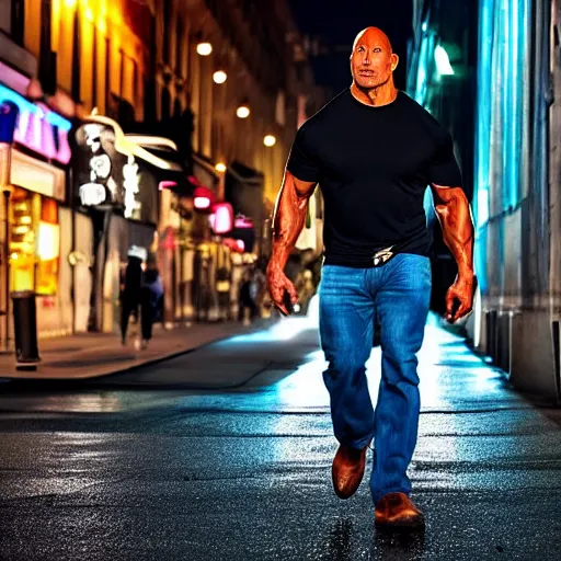 Prompt: Dwayne Johnson on the street in the night, bright lighting, high quality, ultra detailed , full body