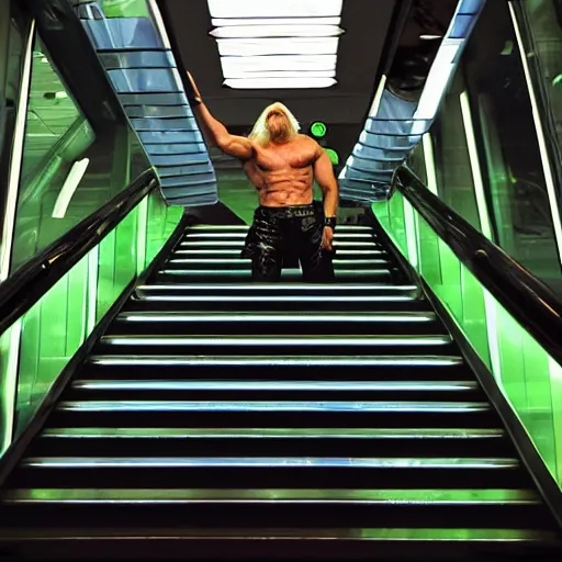 Image similar to bioluminescent hulk hogan in the darkness on an escalator