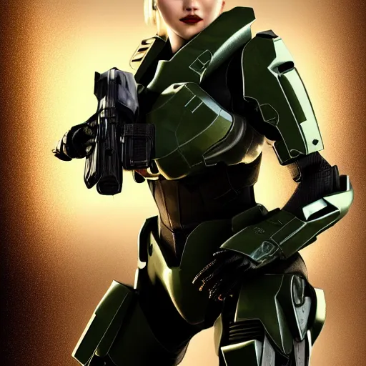 Image similar to A combination of Ada Wong's and Grace Kelly's and Katheryn Winnick's appearances with blonde hair wearing Master Chief's armor from Halo, high tech, action shot, angular, full body portrait, futuristic, dramatic, fantasy, intricate, elegant, highly detailed, digital painting, artstation, concept art, matte, sharp focus, illustration, 8K, art by tian zi and WLOP and alphonse mucha