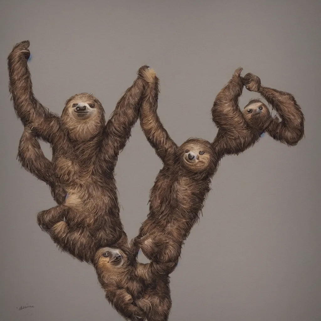 Image similar to beautiful art of a sloth dancing with joy, full body art, trending on ArtStation