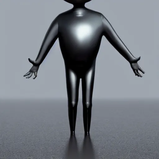 Image similar to a grey alien with large black eyes wearing tight black latex suit, standing next to a silver disk flying saucer, realistic picture, 8 k