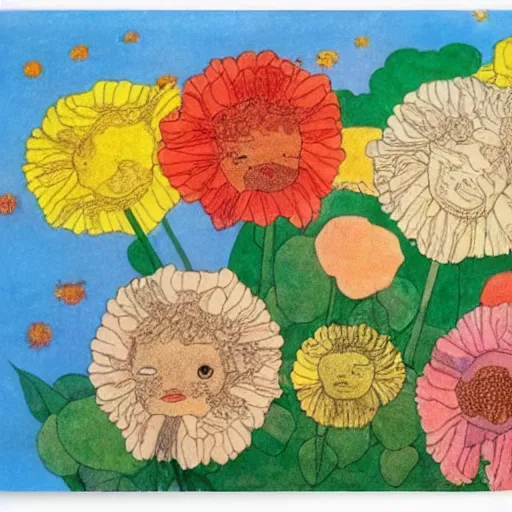 Prompt: Henry Darger colorful drawing, flowers, clouds