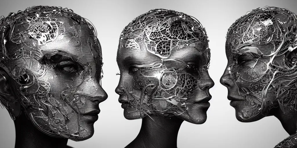 Image similar to hyper realistic photography of a stunningly cyborg female and male, intimate, intricate filigree, in the style of beth cavener, jin kagetsu, and wlop, highly detailed, chrome face symmetry, masterpiece, award - winning, sharp focus, concept art, high key, ambient lighting, 8 k, octane render,