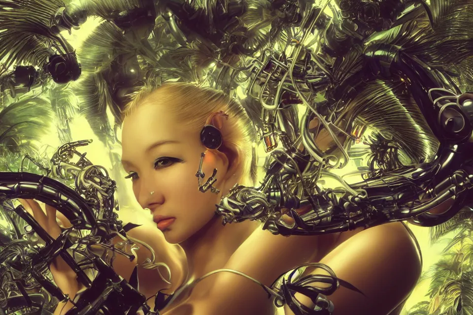 Prompt: an extreme close - up of a cyborg nymph playing with a giant insect surrounded by saxophones, palm trees, jungle fruit, and stylized designer modular chrome eye candy, volumetric light caustics clouds of smoke, by hajime soryama, boris vallejo, bouguereau, mamoru nagano