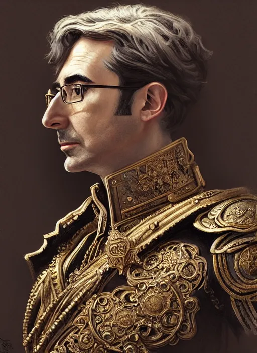 Image similar to portrait of lord john oliver as stoic king, royalty, extravagant, lord, full body, military uniform, fantasy, intricate, elegant, beautiful, highly detailed, charcoal, centered, dark, smokey, digital painting, artstation, concept art, art by artgerm and greg rutkowski and alphonse mucha