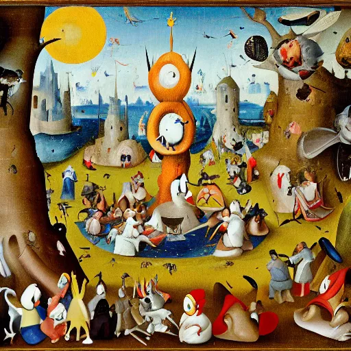 Prompt: donald duck in the garden of earthly delights by hieronymus bosch, hyper detailed, photorealistic, trending on artstation, rule of thirds, super sharp, crispy.