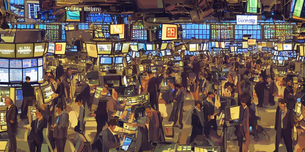 Prompt: beautiful digital painting of traders in the new york stock exchange trading floor, futurism, science fiction, mix of styles, abstract, highly detailed, intricate, studio ghibli color scheme, masterpiece