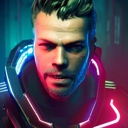 Image similar to juha mieto portrait, cyberpunk 2 0 7 7, cyberpunk jackie welles, photorealistic, ultra detailed, neon, octane, bokeh, cinematic lighting, cyber, cyberpunk city, studio quality, feature, scars, cyberface, 8 k