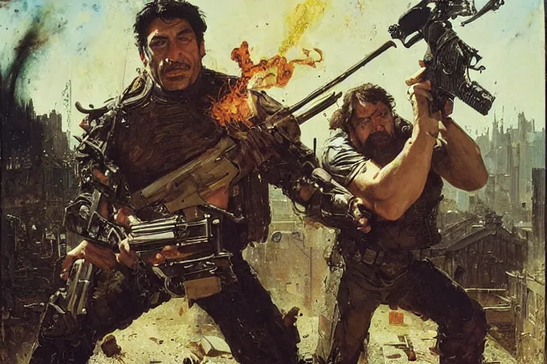 Image similar to portrait of javier bardem as the punisher blasting a hell baron with a shotgun, john berkey, lawrence alma tadema, rick berry, norman rockwell, doom, arstation, greg rutkowski