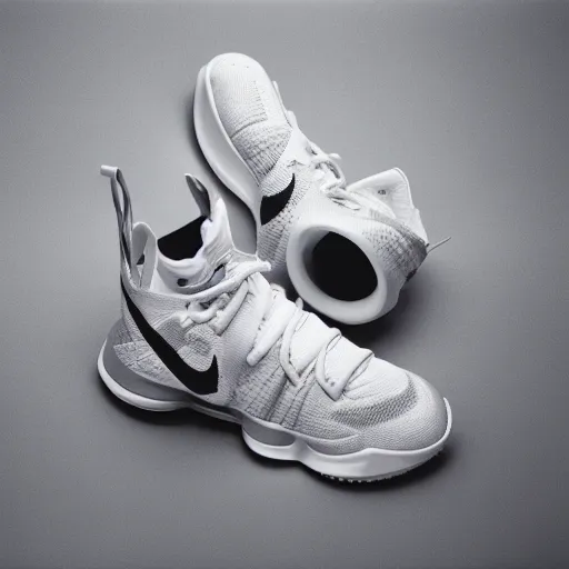 Image similar to a studio photoshoot of A Nike Lebron sneaker designed by Virgil Abloh, mesh fabrics, Off-White, realistic, color film photography by Tlyer Mitchell, 35 mm, graflex