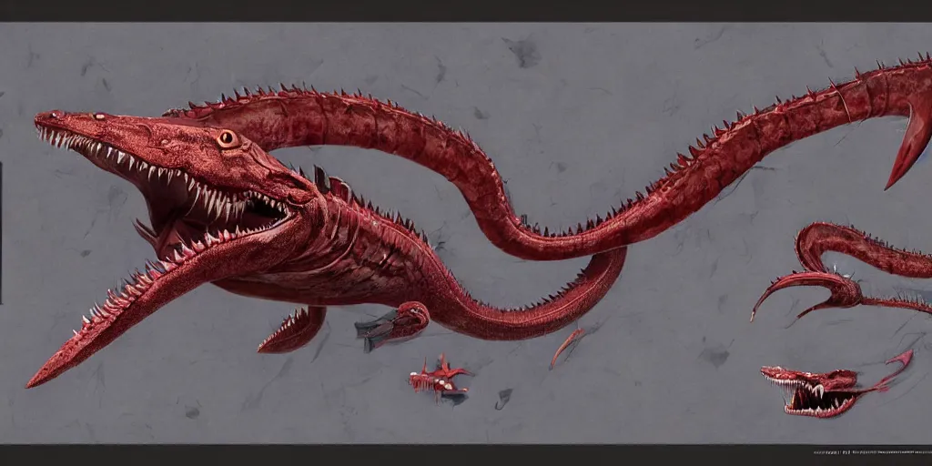 Image similar to Pearl white mechanical serpent shark character design sheet, Monster Hunter Illustrations art book, sharp teeth, crimson red gradient on its face, long and sharp tail, bright shining eyes, Moebius, Greg Rutkowski, Zabrocki, Karlkka, Jayison Devadas, Phuoc Quan, trending on Artstation, 8K, ultra wide angle, zenith view, pincushion lens effect.