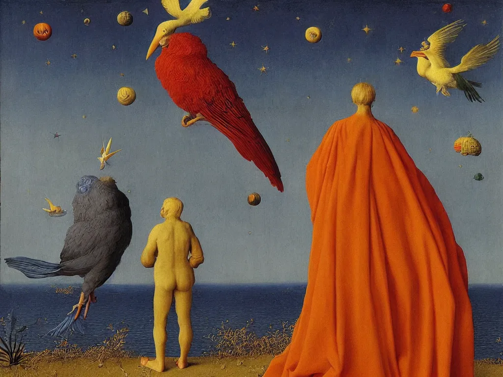 Image similar to albino mystic, with his back turned, looking in the distance at the night sky with stars over the ocean with beautiful exotic bird. Painting by Jan van Eyck, Audubon, Rene Magritte, Agnes Pelton, Max Ernst, Walton Ford