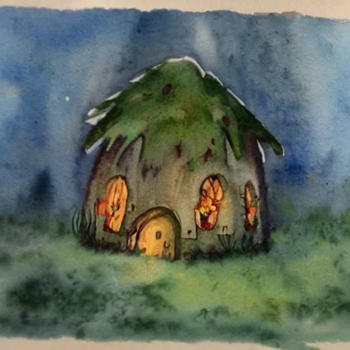 Prompt: vintage watercolor painting of a mushroom house in a magical forest grove, trending on artstation